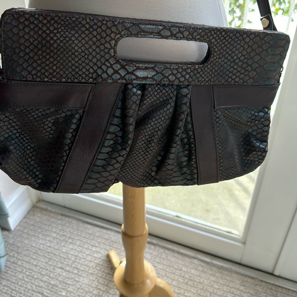 Vintage 80s large ruched black leather clutch